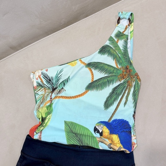 Tops - Denis One Shoulder Tortoise Ring Brazilian Tropical Print Bodysuit Medium